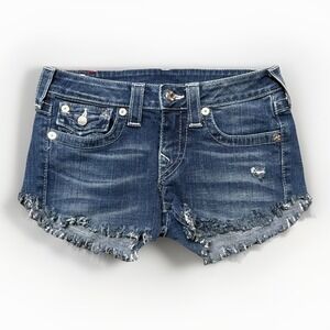 True Religion Women's Blue Denim Jean Shorts Size 27 Low Rise Becky Distressed